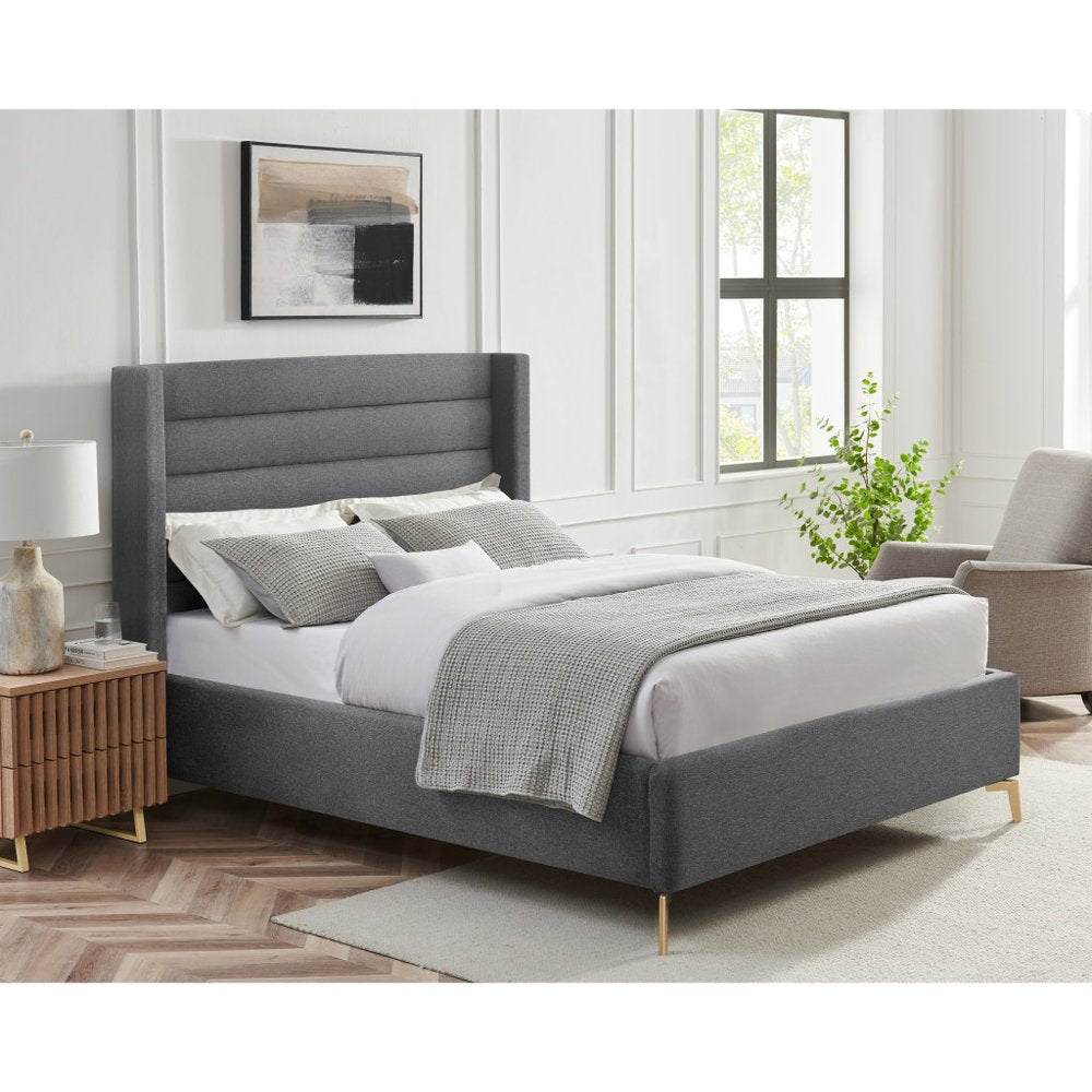 Gray Linen Upholstered Queen Bed Frame