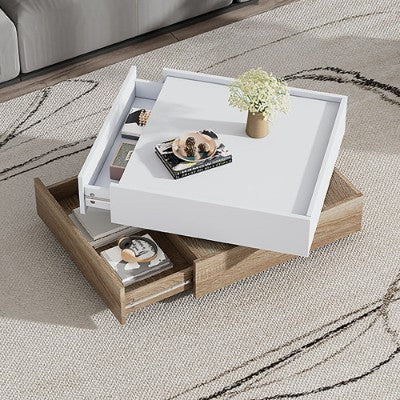 Square 360 Rotating Coffee Table With 2 Drawers, Wooden 2-Tier Center Table With Swivel Tabletop And Storage, Tea Table , Oak Table Frame Side Table For Living Room