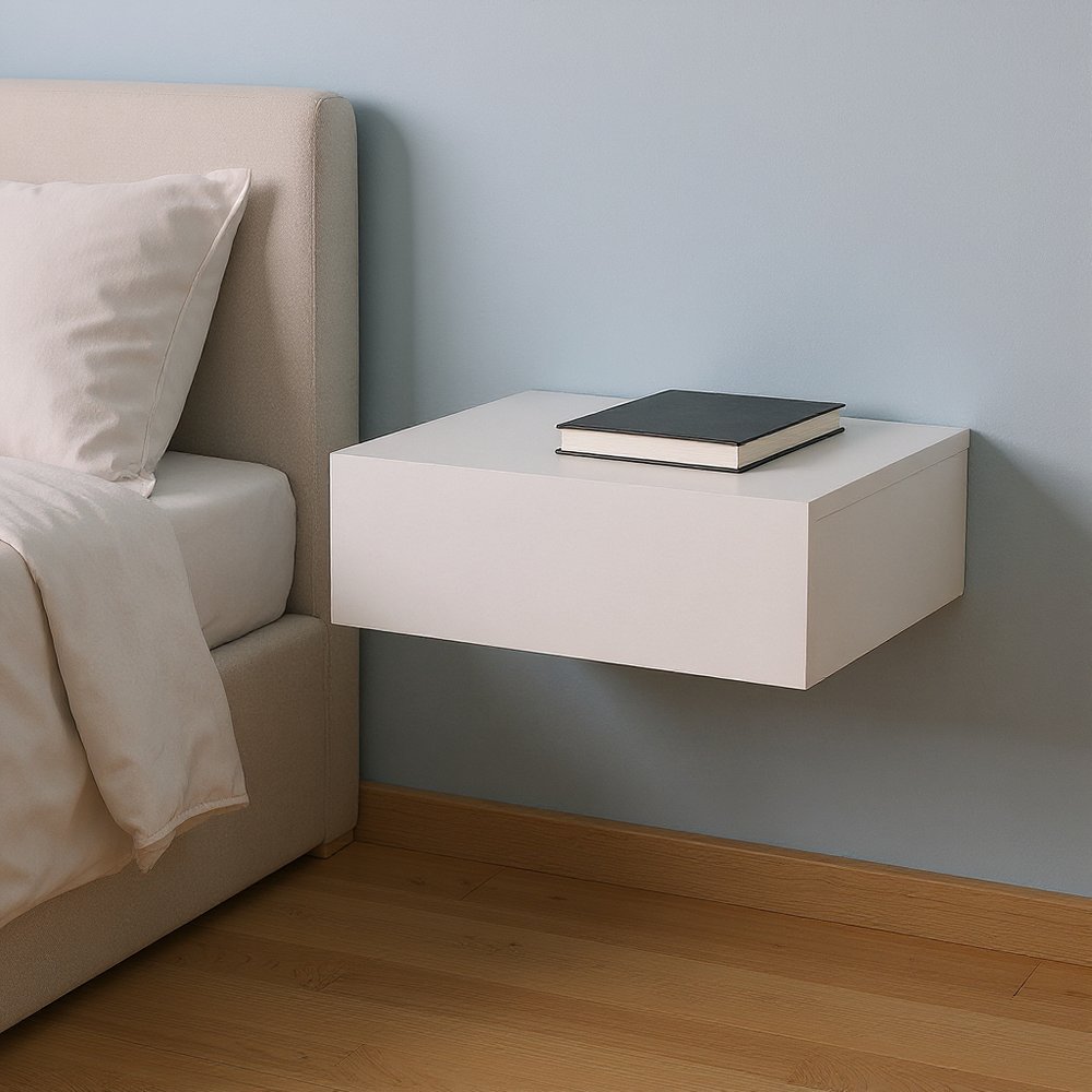 16" White Wood One Drawer Floating Nightstand