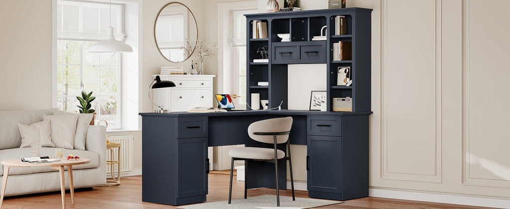 L-shaped desk from Anthony & Home's Atelier Collection with power outlet, 2 cabinets, 2 drawers, 11 shelves, and a right flip shelf.