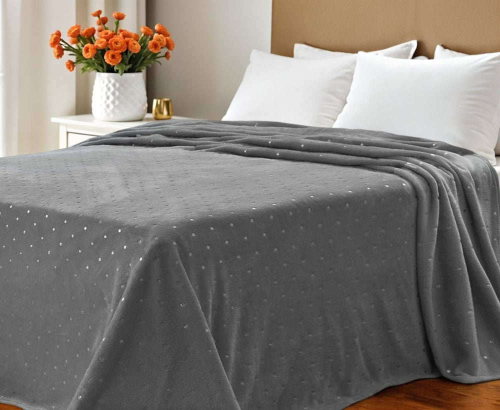 Queen Gray And Silver Fleece Woven Polka Dots Plush Blanket - Anthony & Home