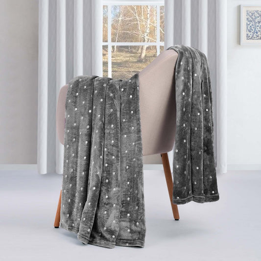 Queen Gray And Silver Fleece Woven Polka Dots Plush Blanket - Anthony & Home