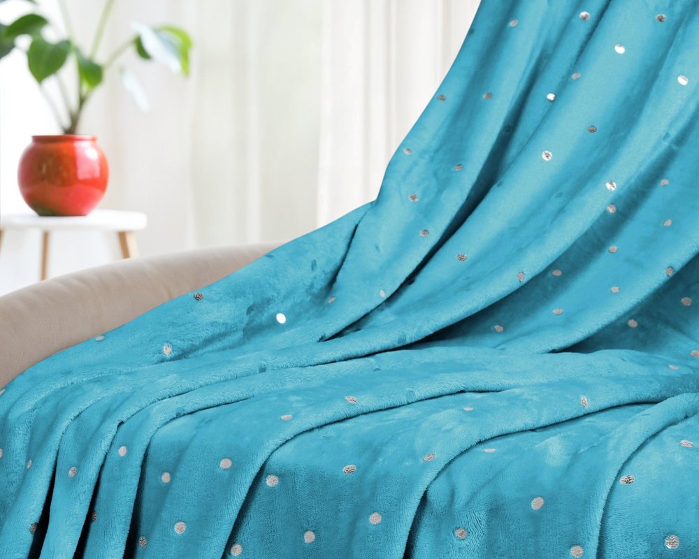 Twin Light Blue And Silver Fleece Woven Polka Dots Plush Blanket