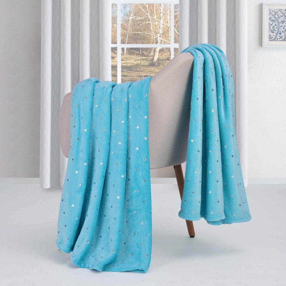 Twin Light Blue And Silver Fleece Woven Polka Dots Plush Blanket