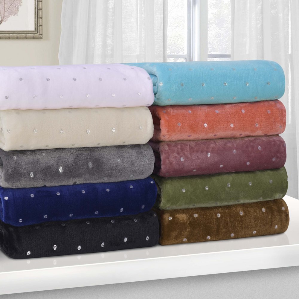 Twin Light Blue And Silver Fleece Woven Polka Dots Plush Blanket