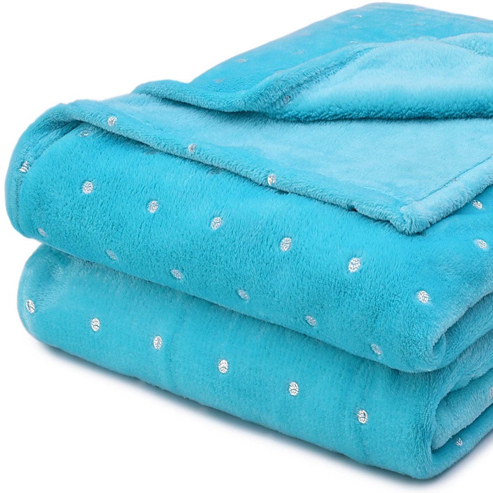 Twin Light Blue And Silver Fleece Woven Polka Dots Plush Blanket