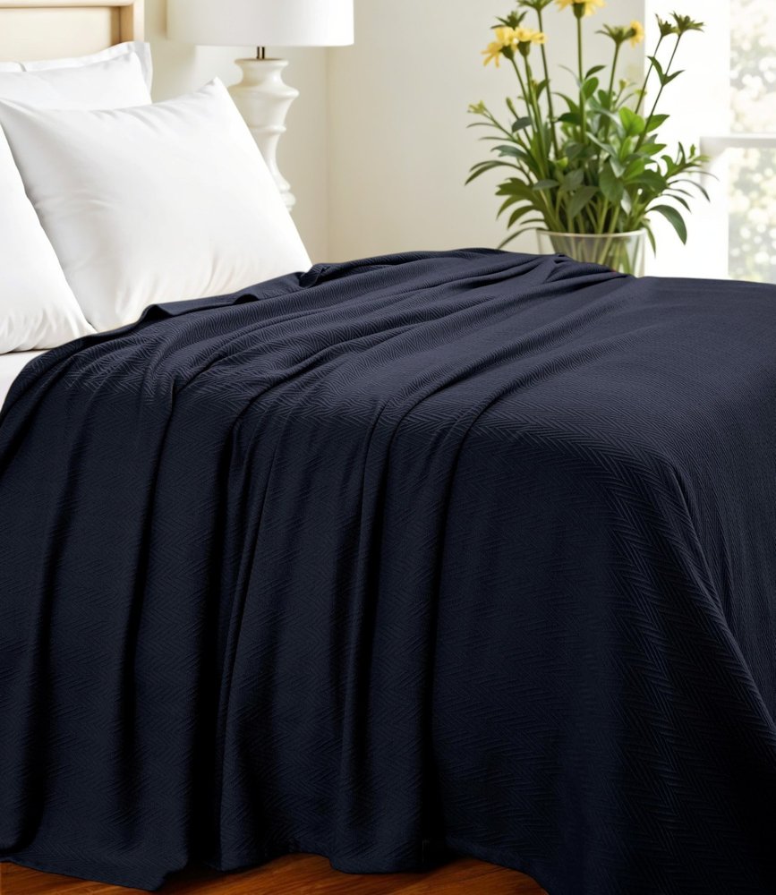 Queen Navy Blue Cotton Woven Chevron Blanket