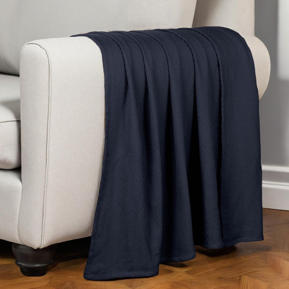 Queen Navy Blue Cotton Woven Chevron Blanket