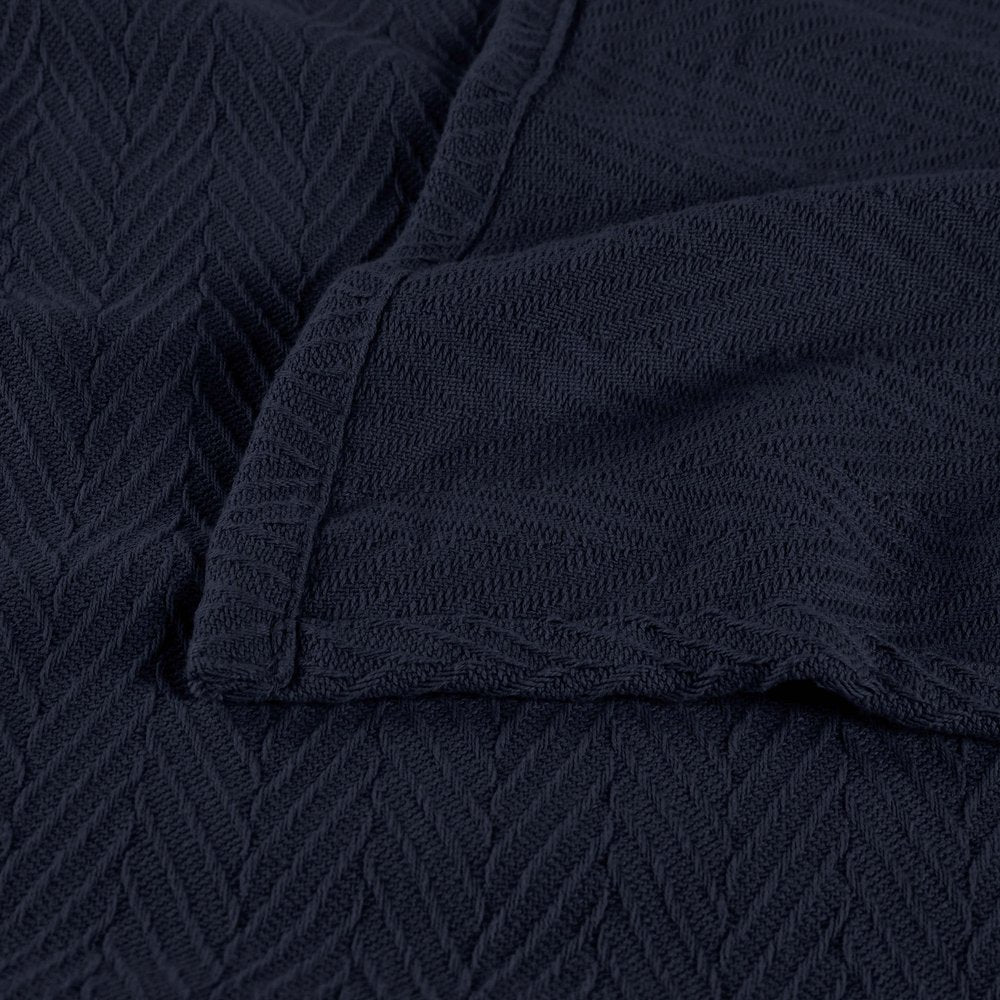 Queen Navy Blue Cotton Woven Chevron Blanket