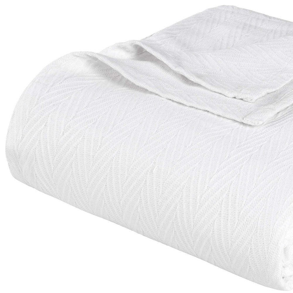 Queen White Cotton Woven Chevron Blanket