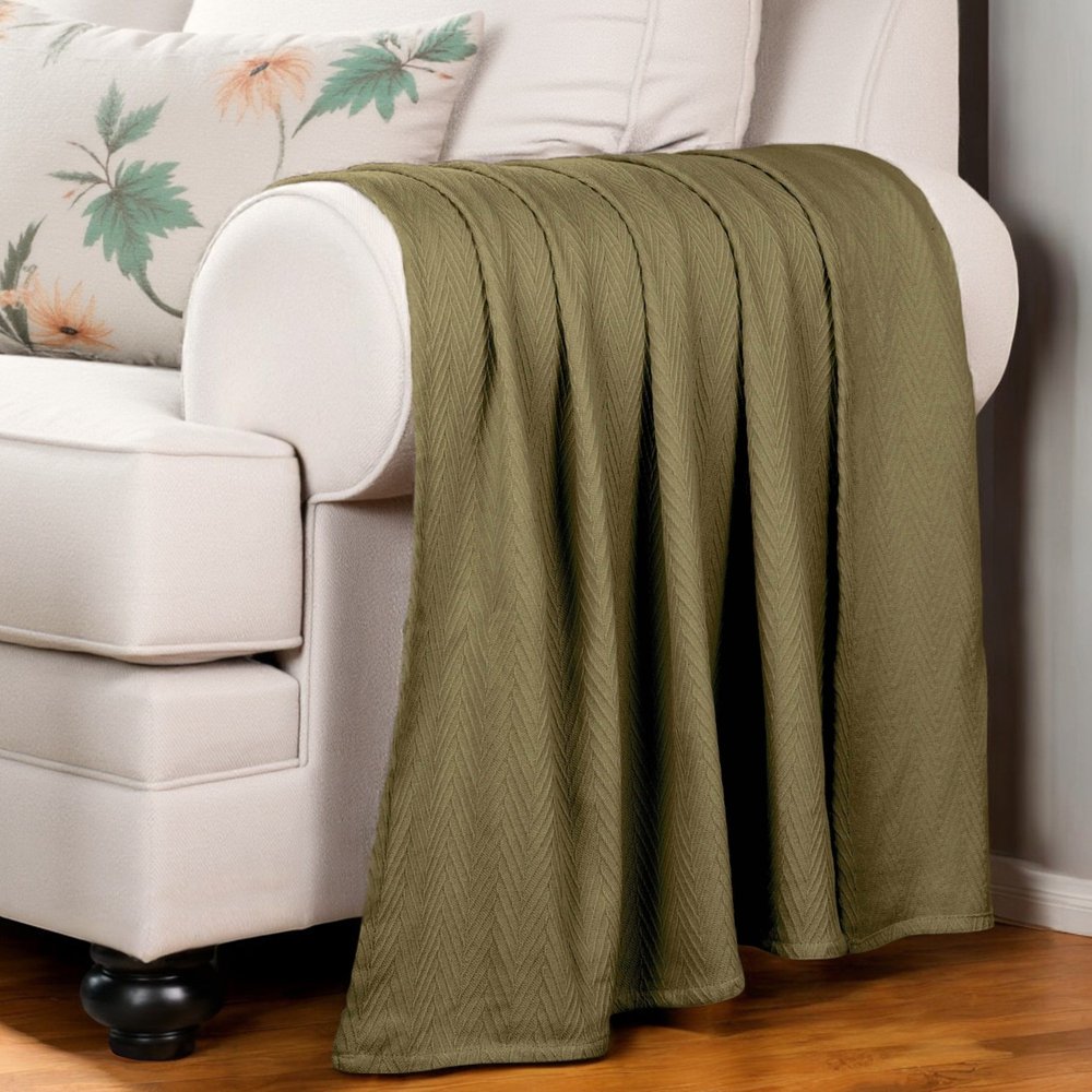 Twin Sage Cotton Woven Chevron Blanket