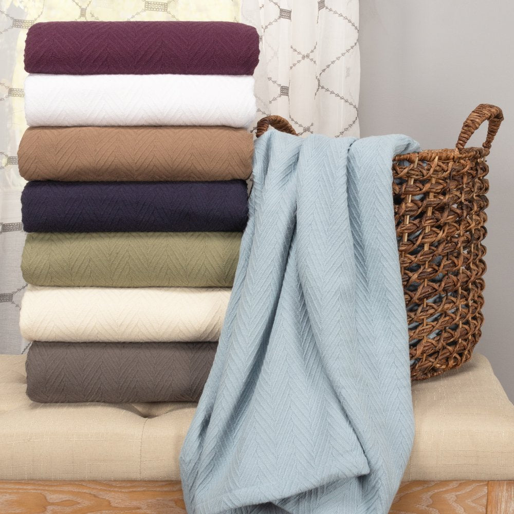 Twin White Cotton Woven Chevron Blanket