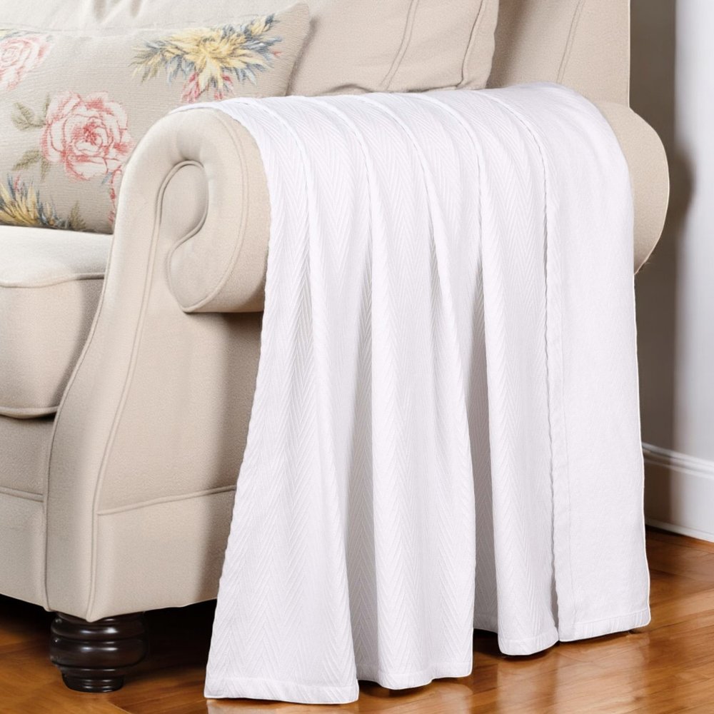 Twin White Cotton Woven Chevron Blanket