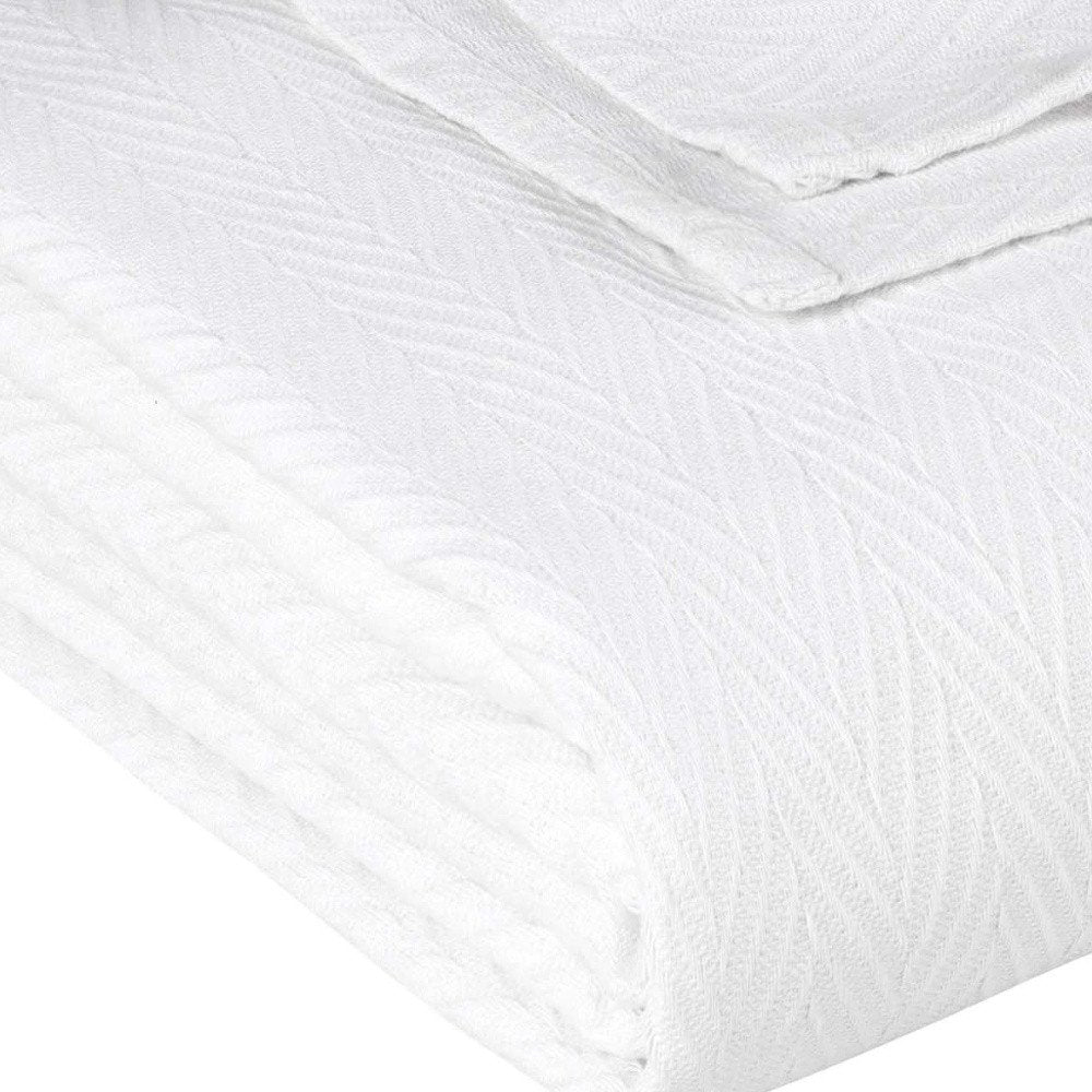 Twin White Cotton Woven Chevron Blanket