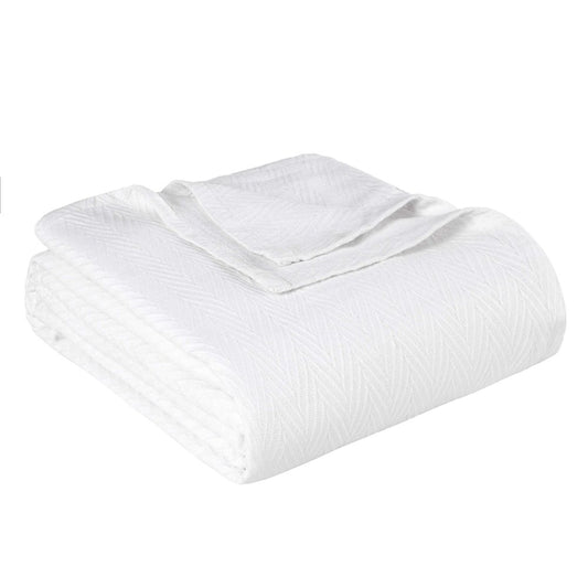 Twin White Cotton Woven Chevron Blanket