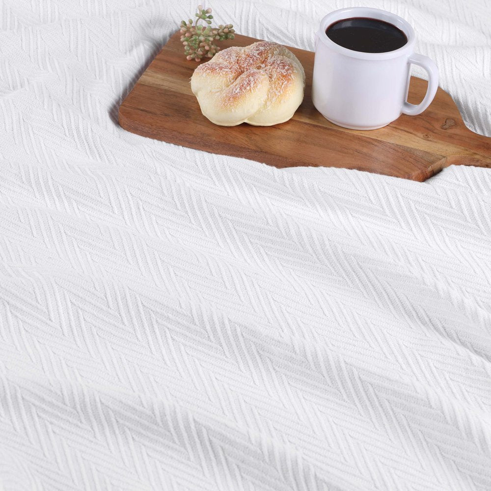 Twin White Cotton Woven Chevron Blanket