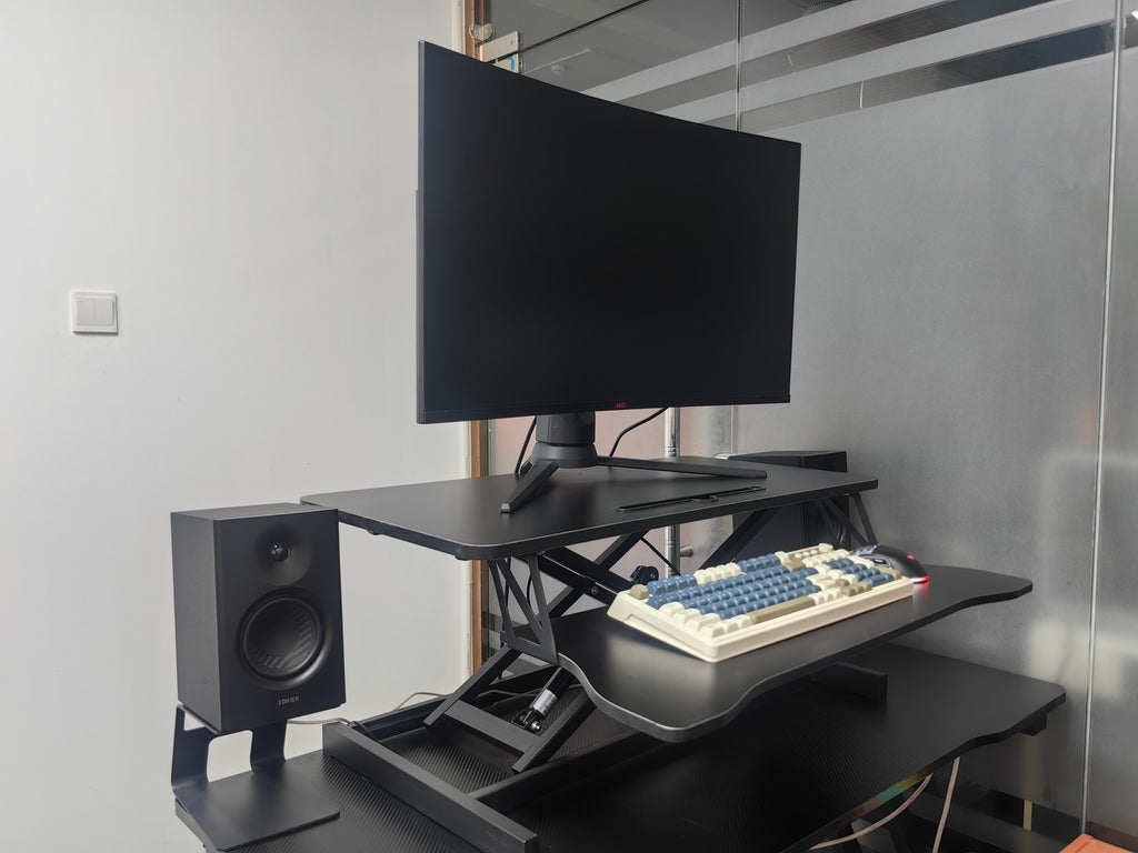 Anthony & Home 32-inch aluminum desk converter with dual monitor tray, adjustable height and spacious workspace for ergonomic setup.