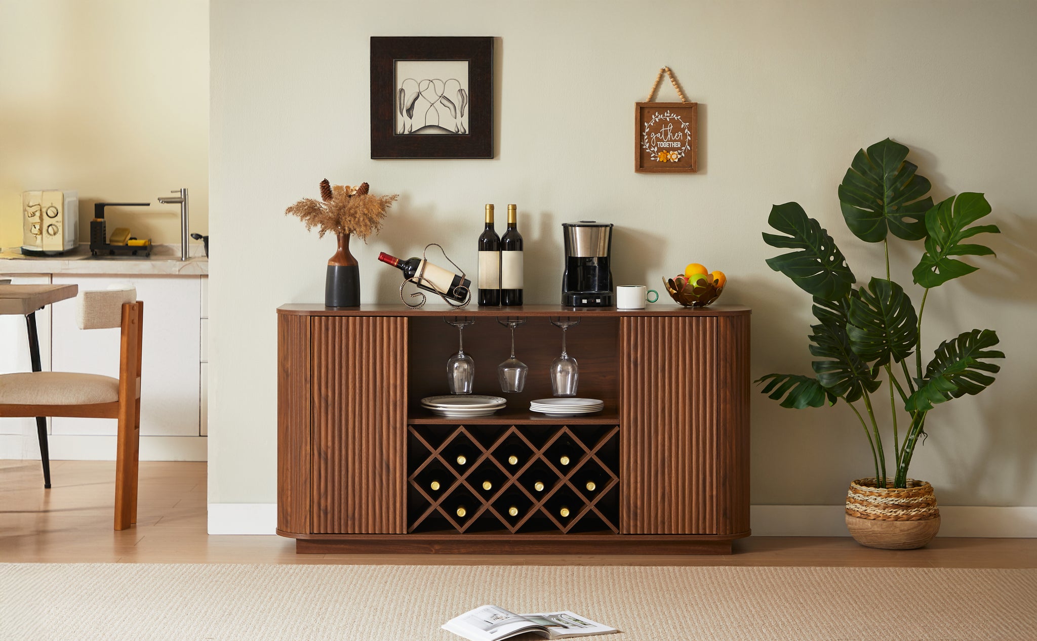 Walnut 58-inch modern wavy curve sideboard by Anthony & Home, showcasing sleek wood finish and contemporary design.