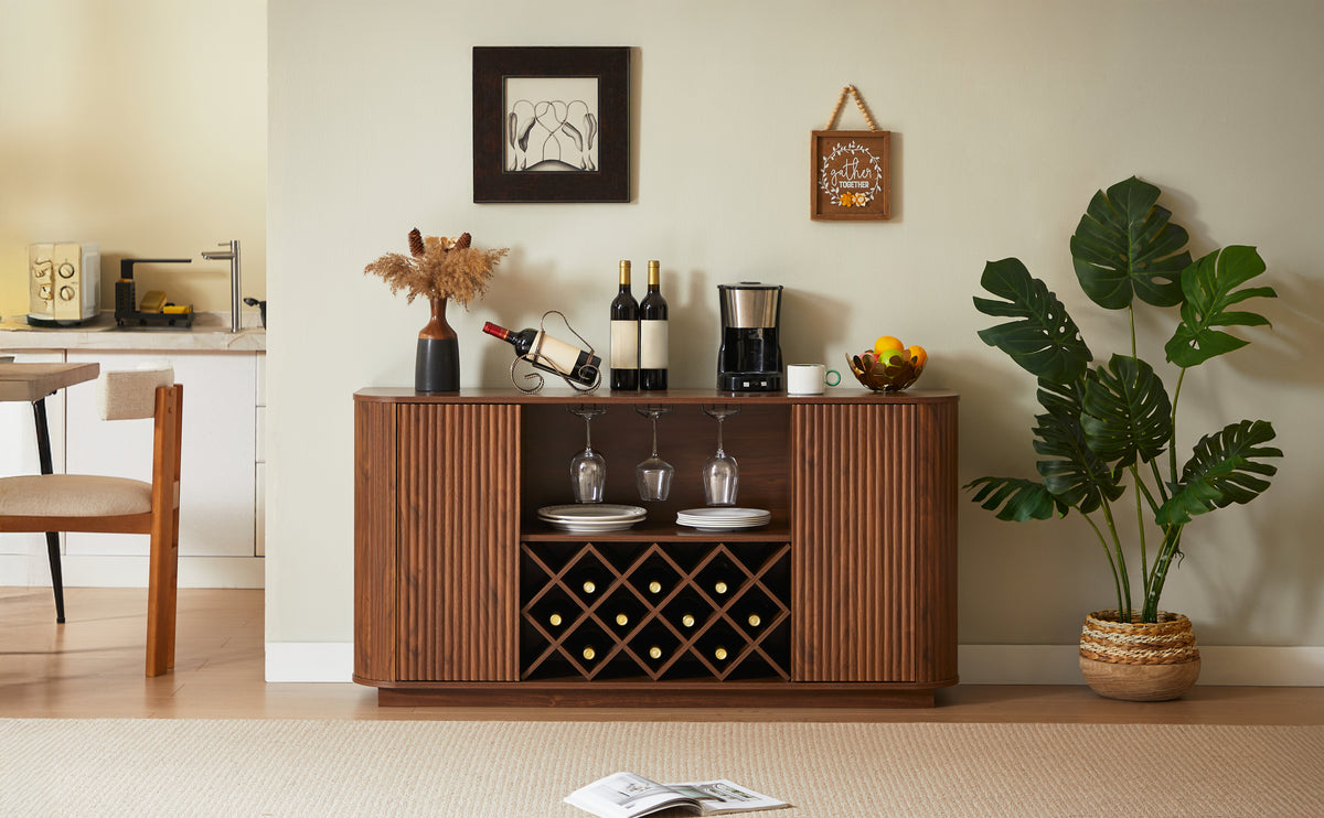 Walnut 58-inch modern wavy curve sideboard by Anthony & Home, showcasing sleek wood finish and contemporary design.