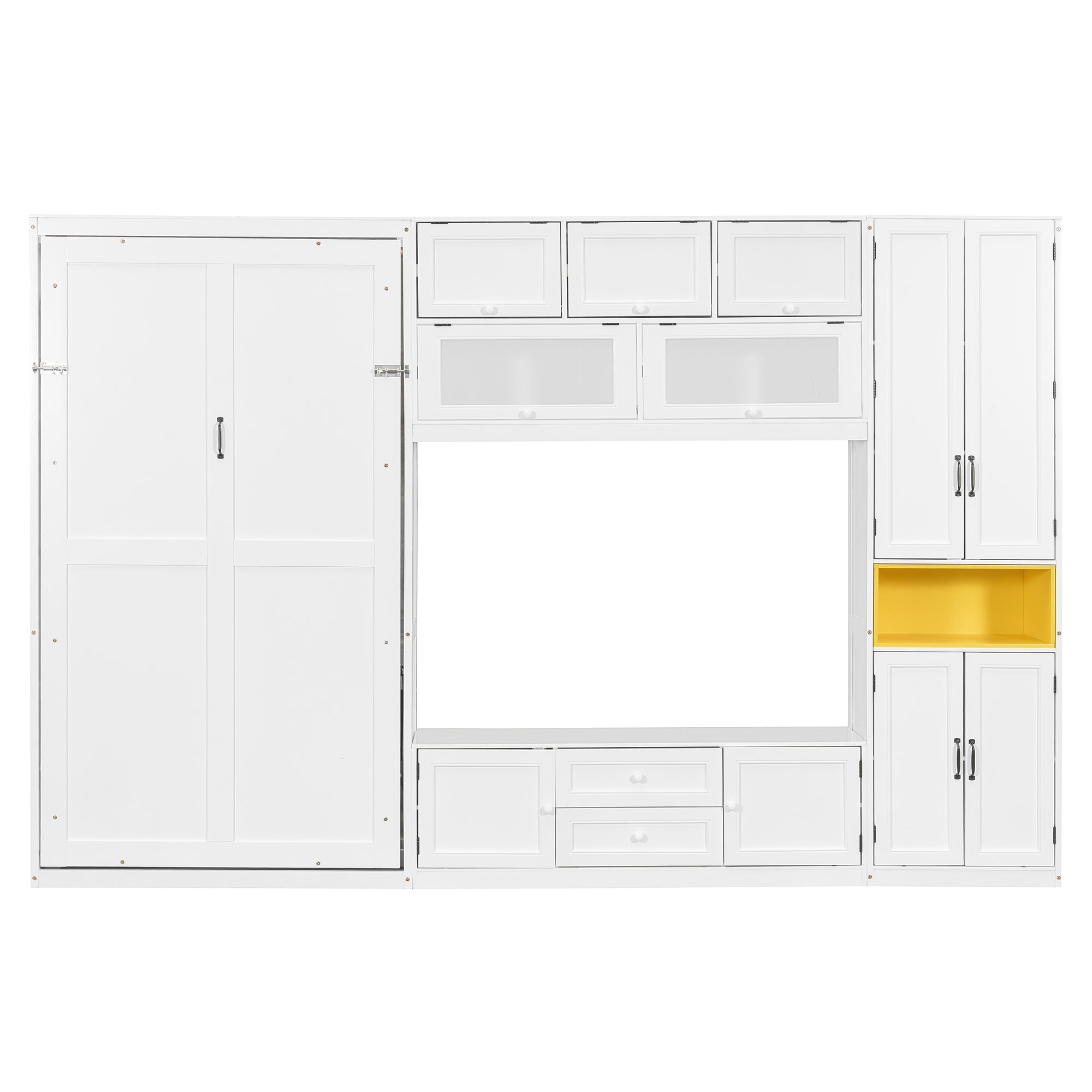 White twin-sized solid wood Murphy bed with TV stand, two drawers, and cabinets by Anthony & Home, limited edition design.
