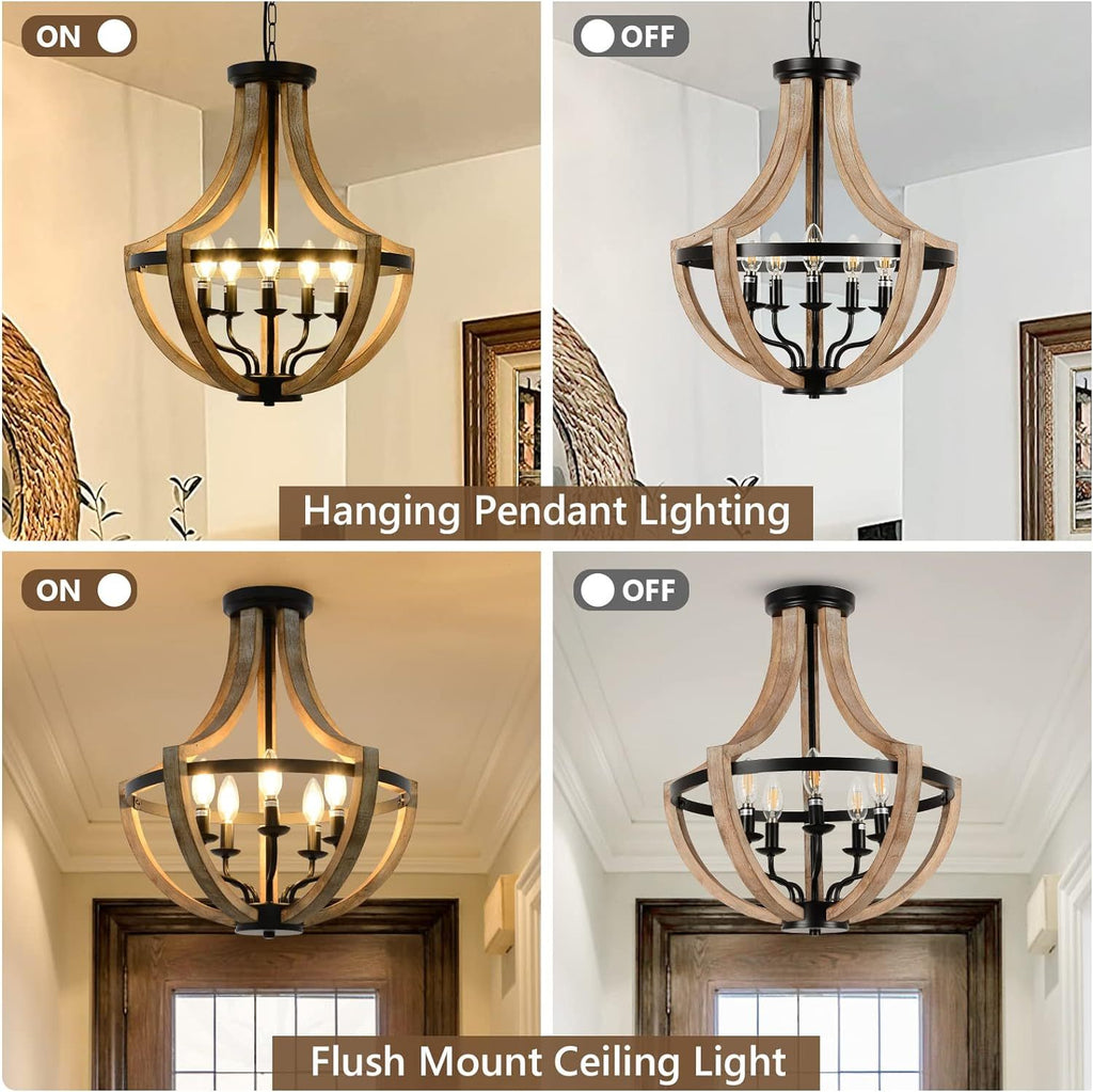 Solid Wood Farmhouse Chandelier Adjustable Dining Room Brown