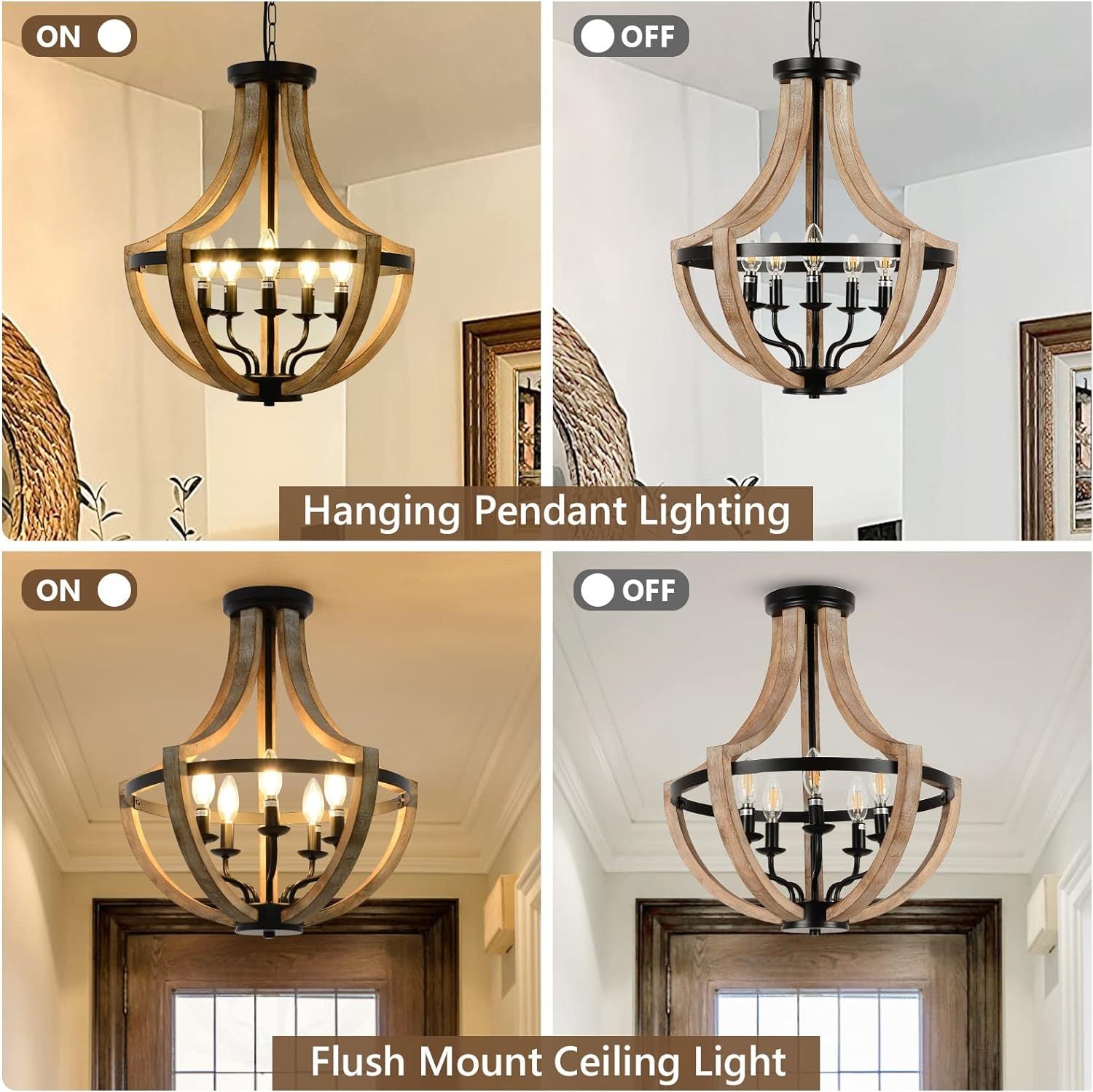 Solid Wood Farmhouse Chandelier Adjustable Dining Room Brown