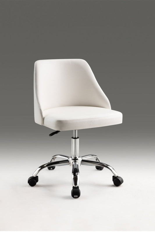 White and silver faux leather adjustable height swivel office chair with rolling casters and ergonomic design.
