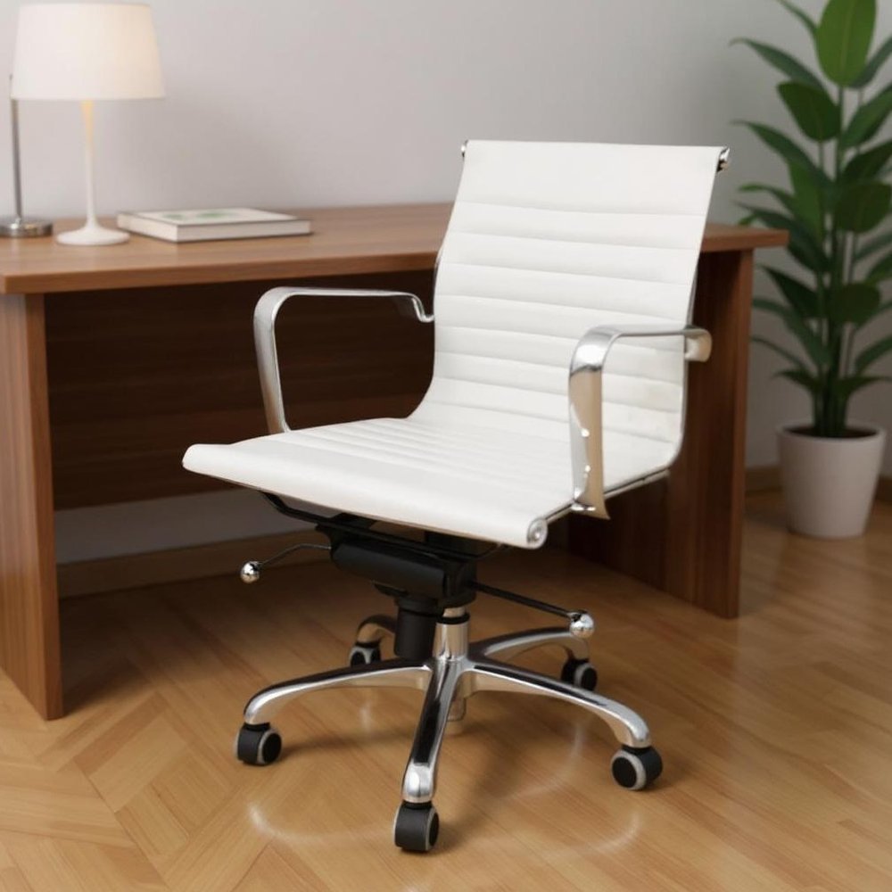 White and Silver Faux Leather Adjustable Height Swivel Rolling Office Chair