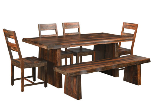 Six-piece brown solid wood dining set with four matching chairs, featuring a sturdy rectangular table for family meals.