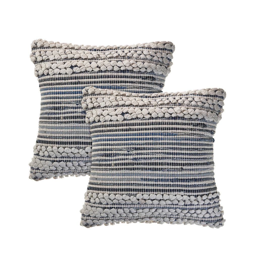 Set of Two 18" Blue And Ivory Cotton Throw Pillows with Texture-1
