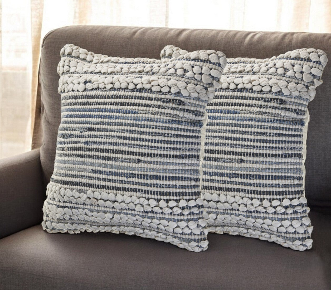 Set of Two 18" Blue And Ivory Cotton Throw Pillows with Texture-0