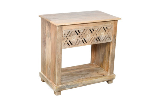 28" Natural Solid Wood Carved Geometric One Drawer Nightstand