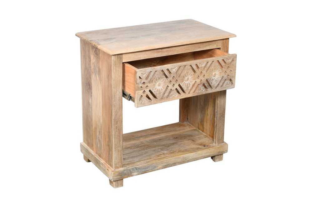 28" Natural Solid Wood Carved Geometric One Drawer Nightstand