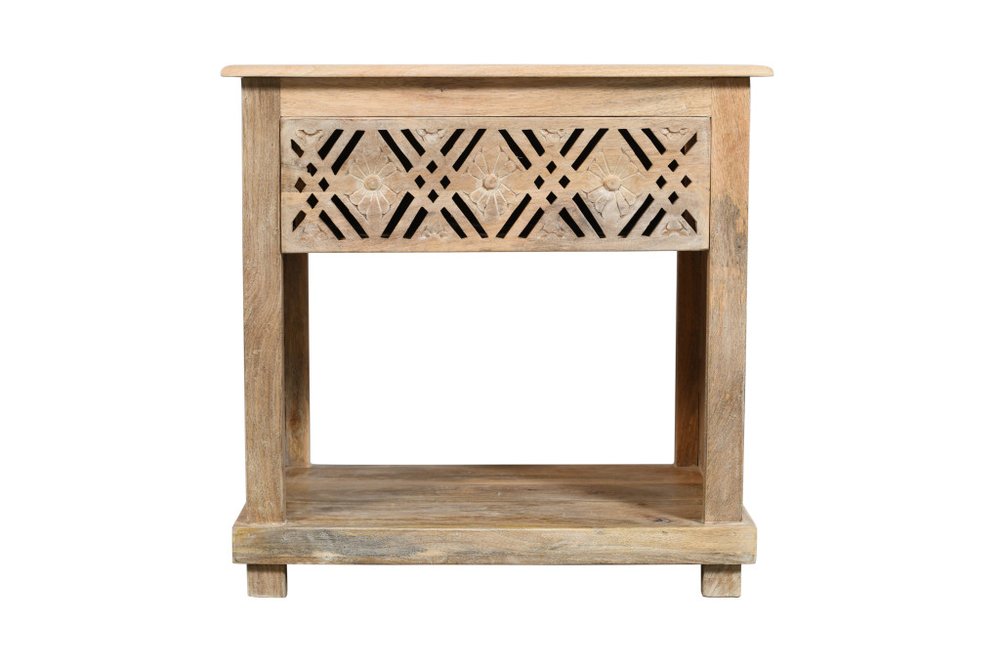 28" Natural Solid Wood Carved Geometric One Drawer Nightstand