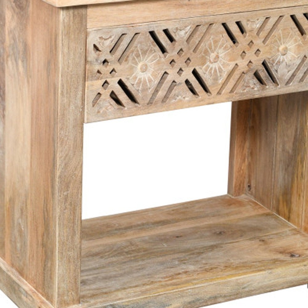 28" Natural Solid Wood Carved Geometric One Drawer Nightstand