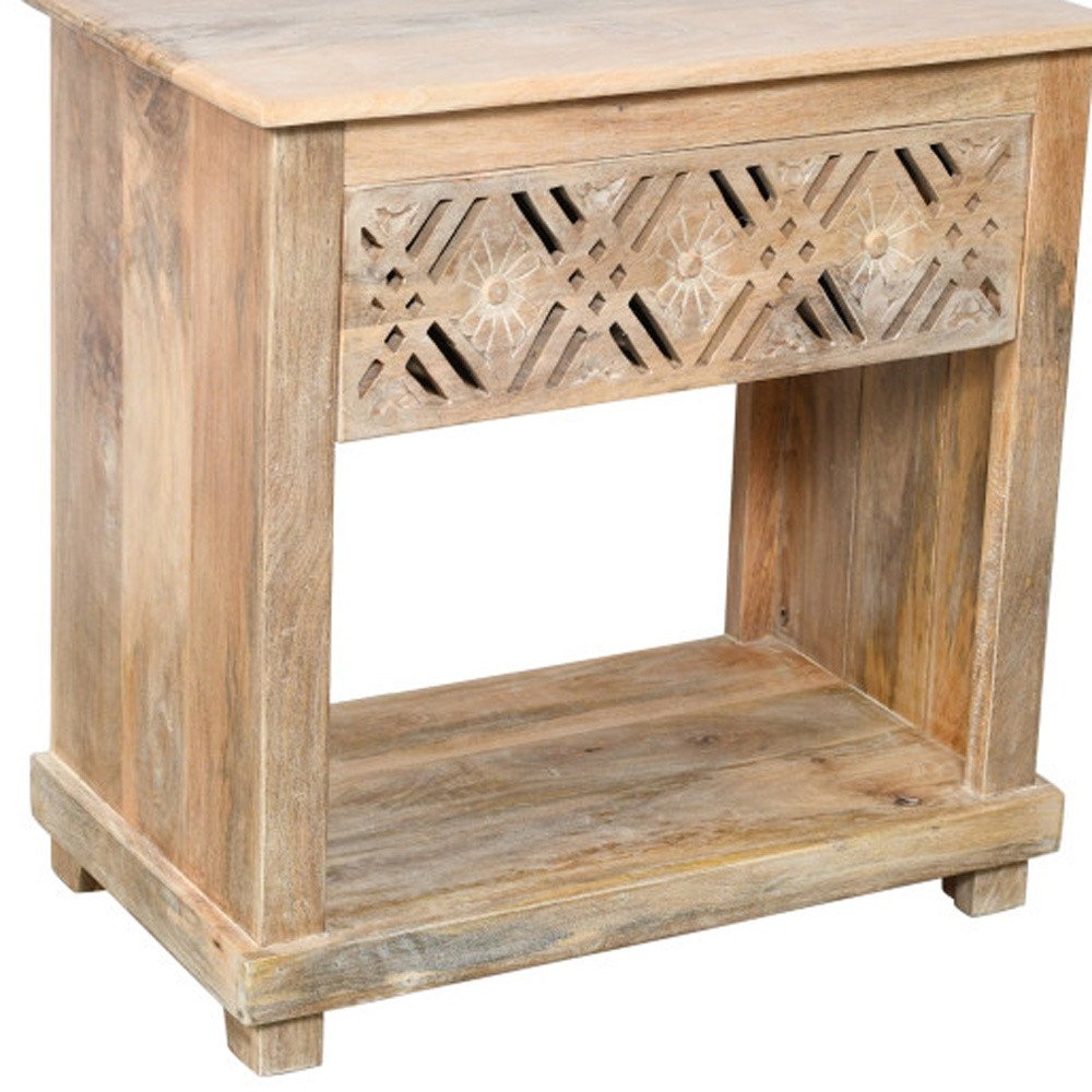 28" Natural Solid Wood Carved Geometric One Drawer Nightstand