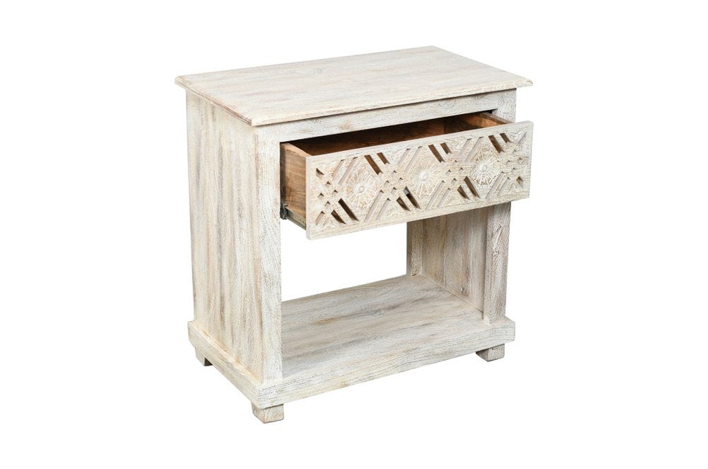 28" White Solid Wood Distressed Carved Geometric One Drawer Nightstand