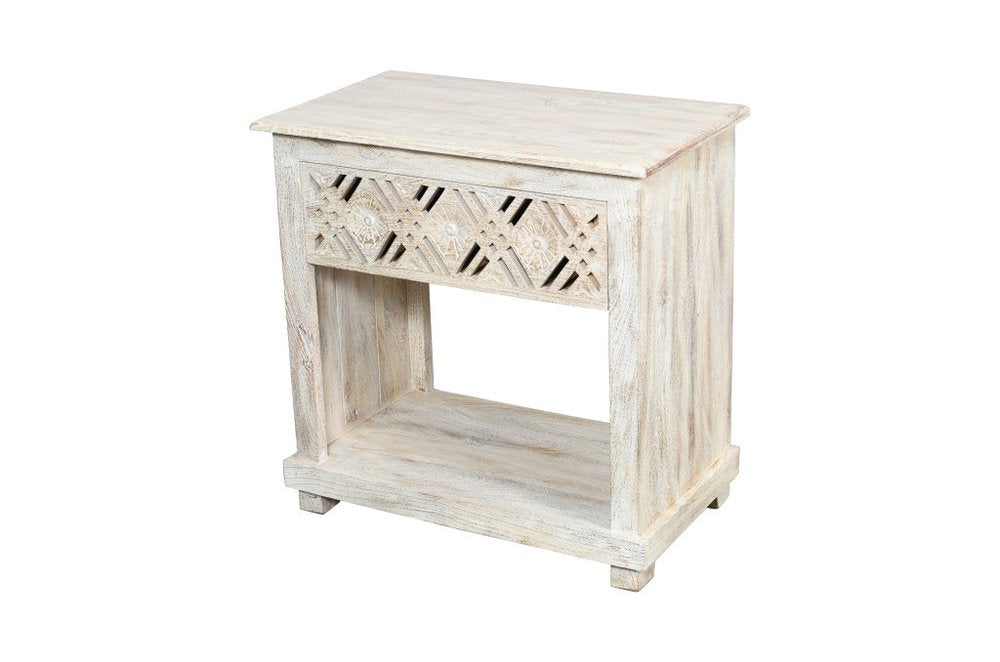 28" White Solid Wood Distressed Carved Geometric One Drawer Nightstand