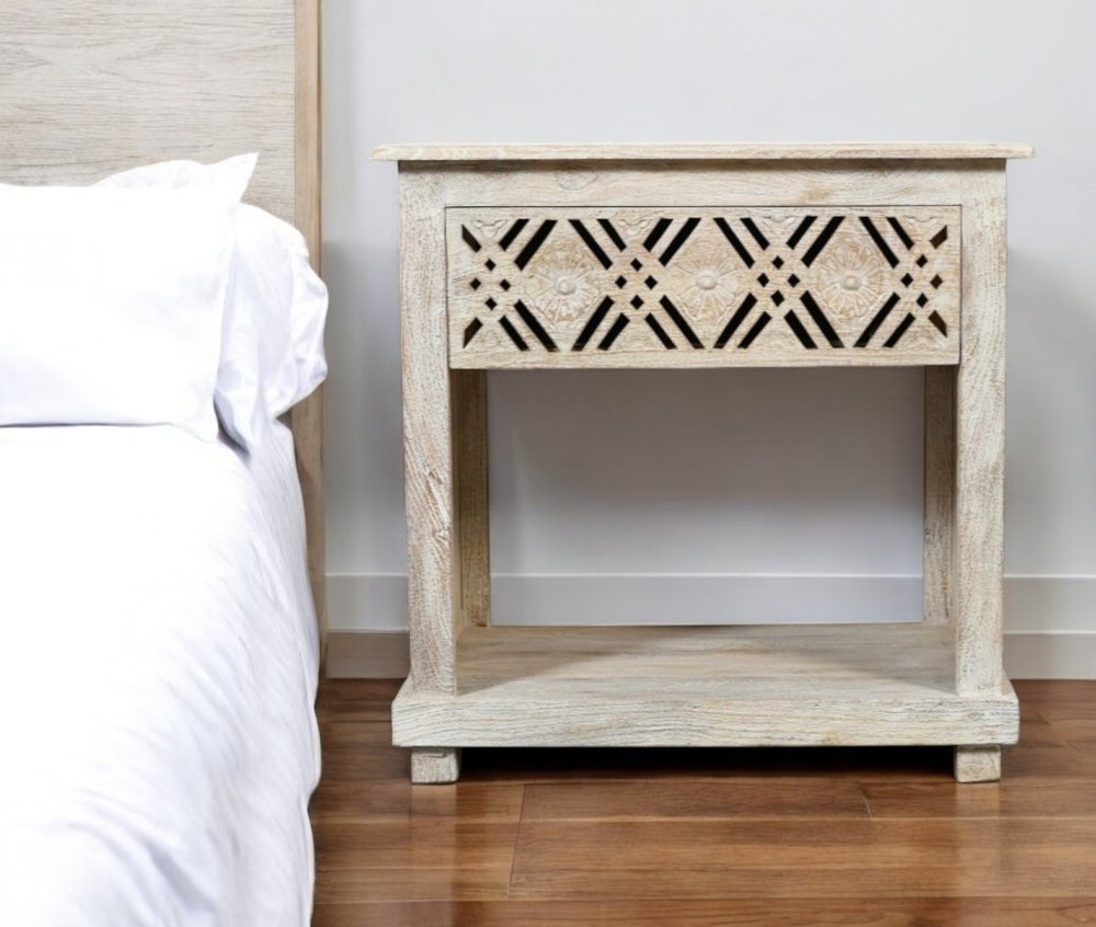 28" White Solid Wood Distressed Carved Geometric One Drawer Nightstand