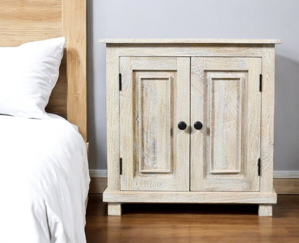28" Distressed White Solid Wood Nightstand With Storage