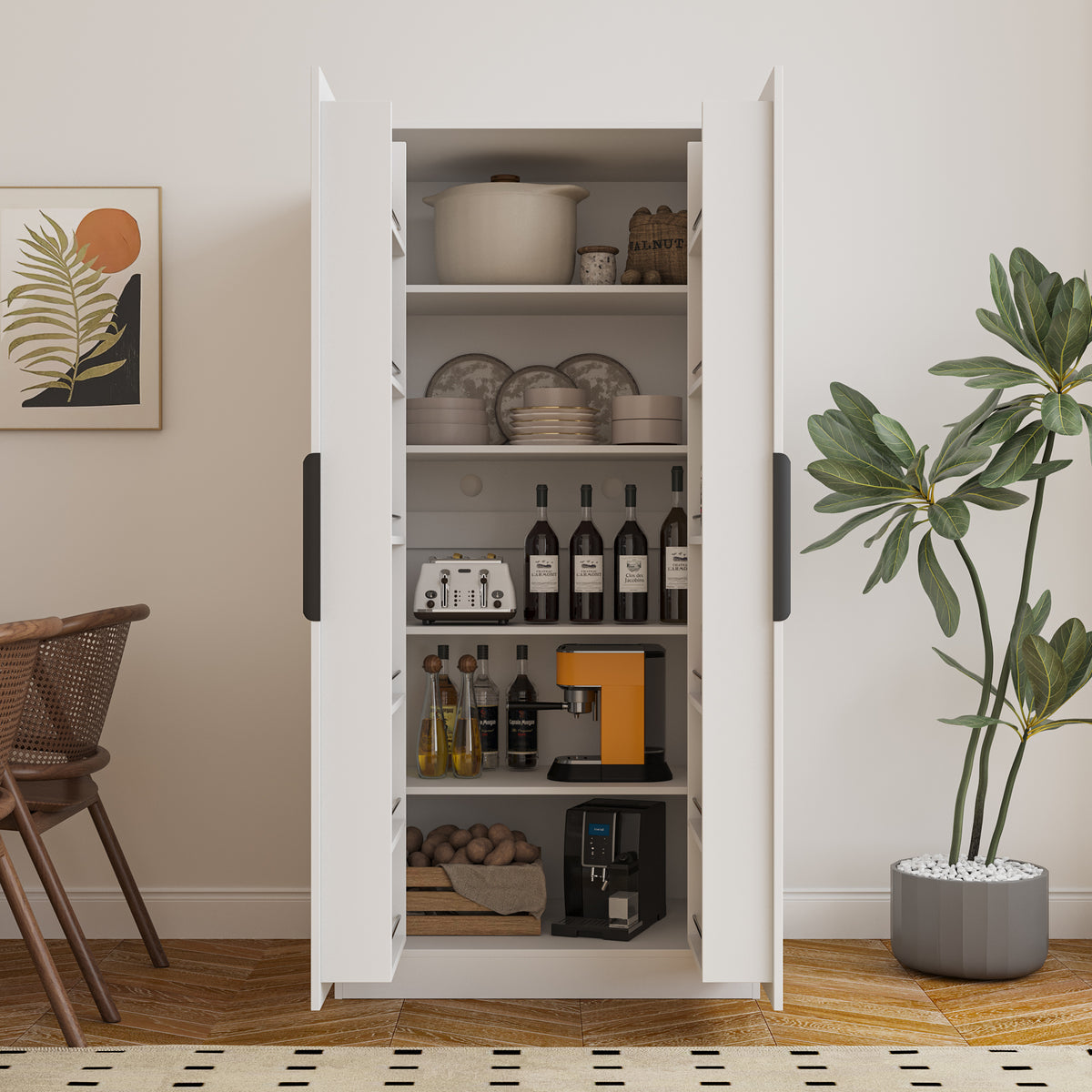 Anthony & Home white pantry cabinet with doors and shelves, showcasing storage space and organized interior design.