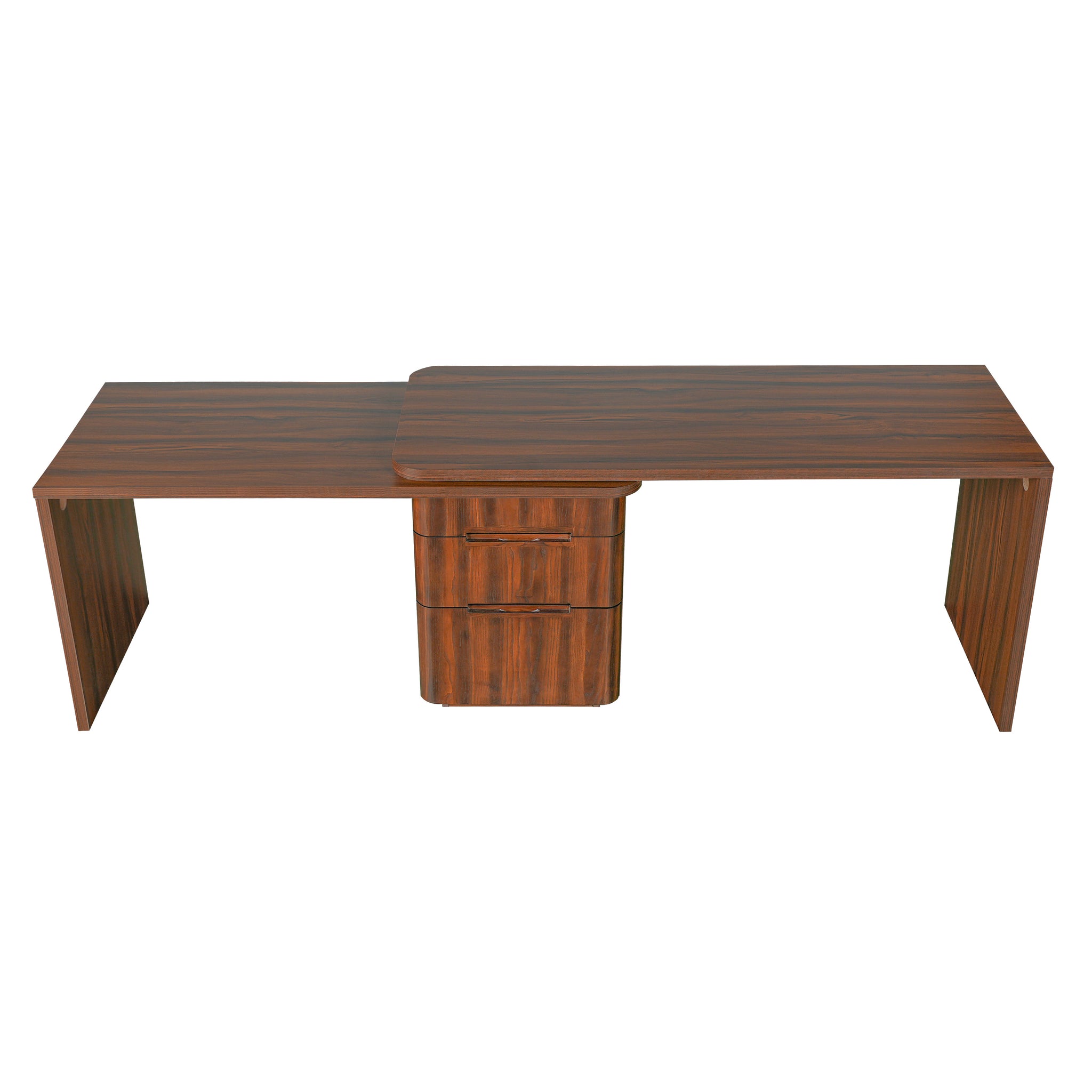 Anthony & Home Walnut L-Shaped Desk with 3 drawers, featuring 360-degree rotation and a sleek, modern design.