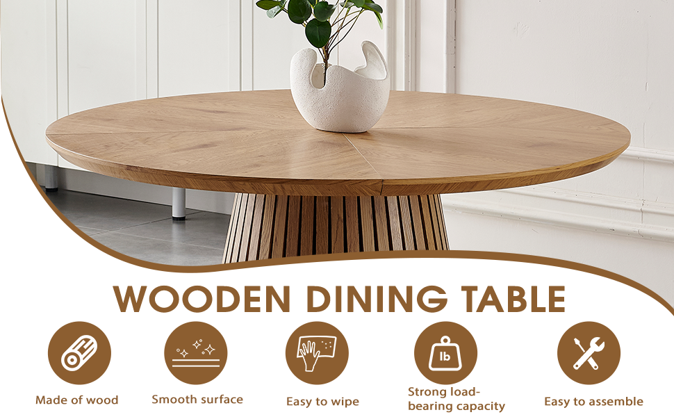 Round solid wood dining table from Anthony & Home's Atelier Collection, showcasing smooth surface and sturdy legs.
