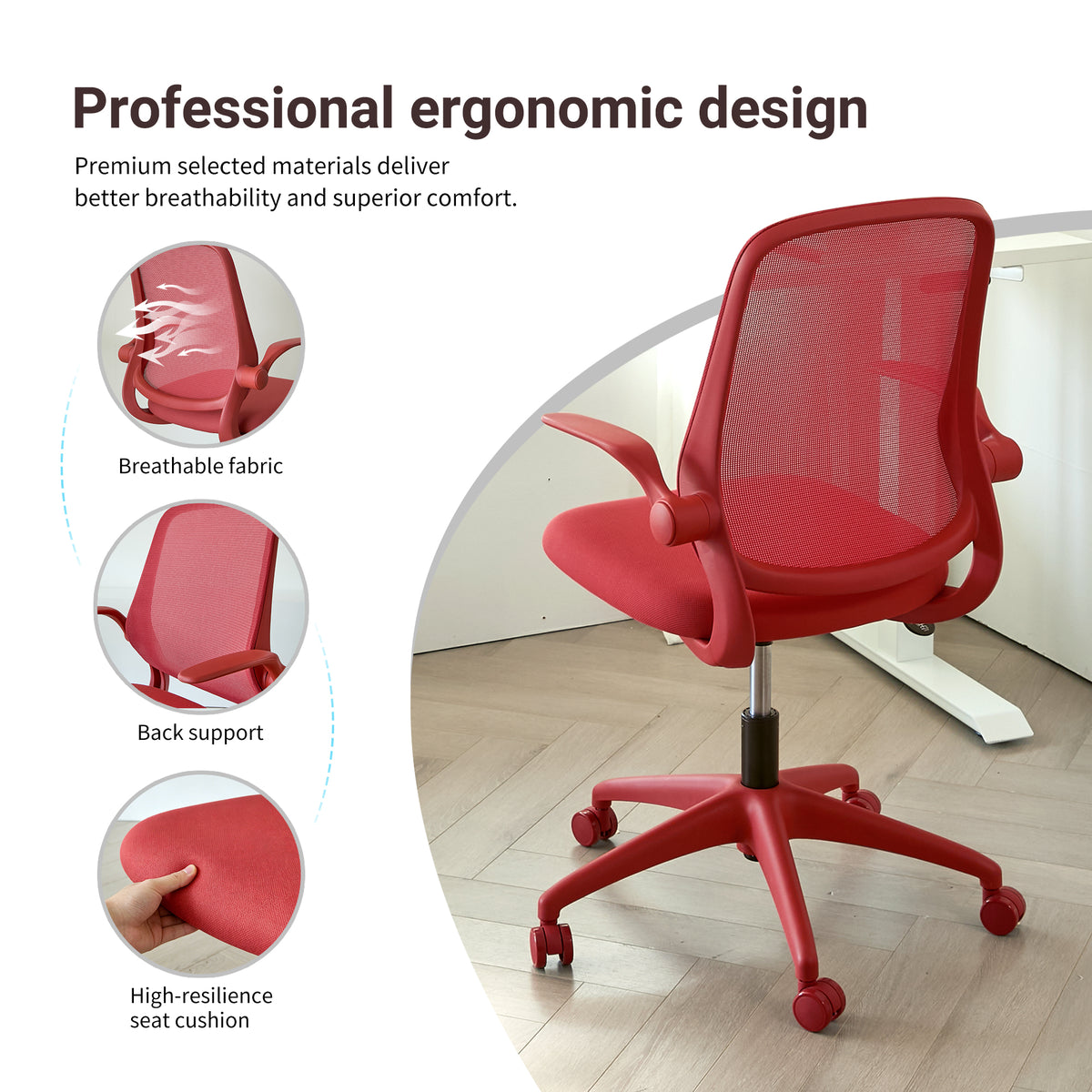 Red ergonomic mesh office chair with integrated molded foam cushion from Anthony & Home's Atelier Collection.