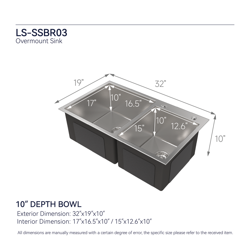 Brushed nickel stainless steel kitchen sink with double bowls, 32x19 inches, from Anthony & Home Studio Collection.