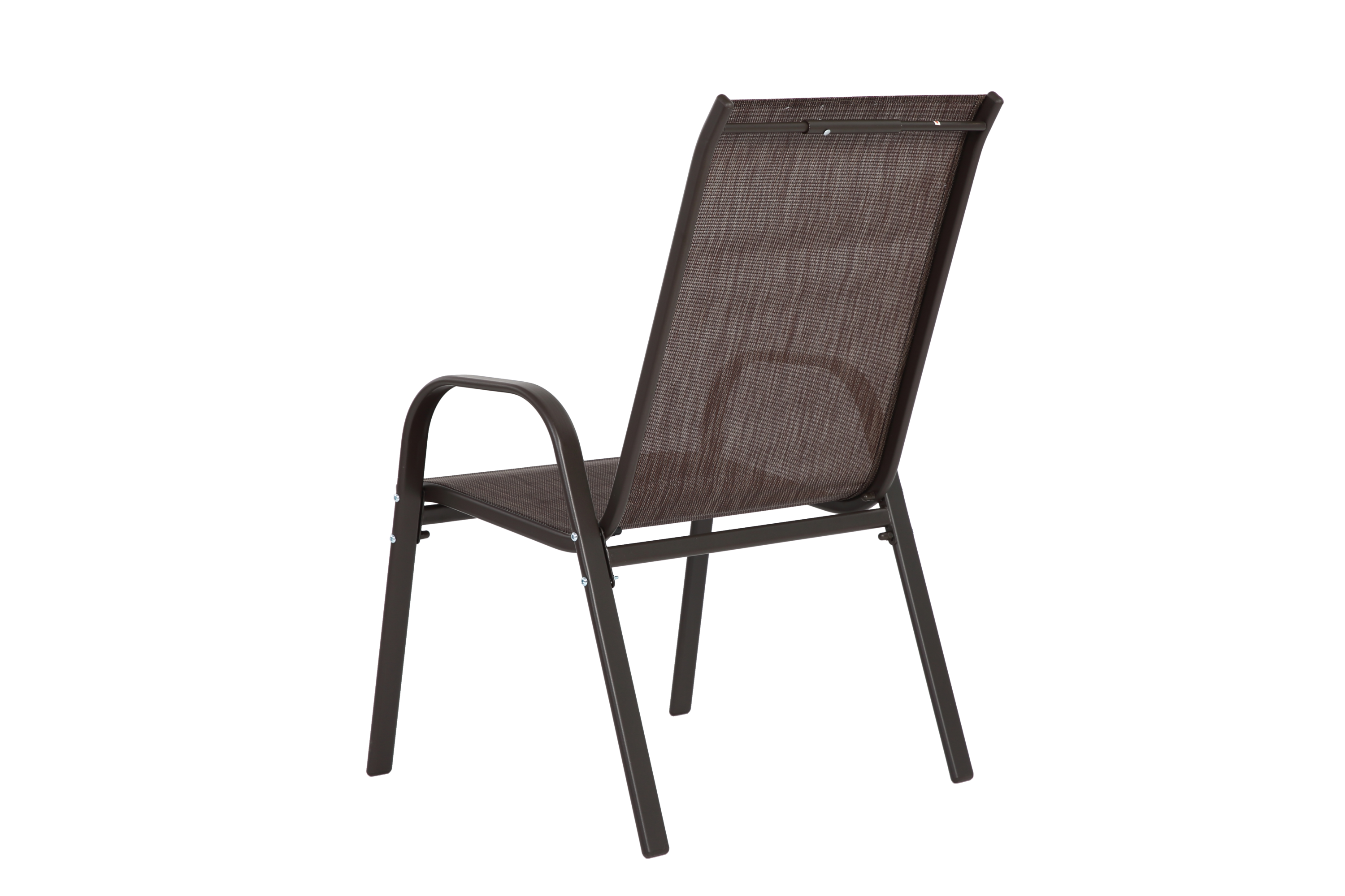 Set of six brown Textilene patio chairs with high backs, designed for outdoor seating and comfort.
