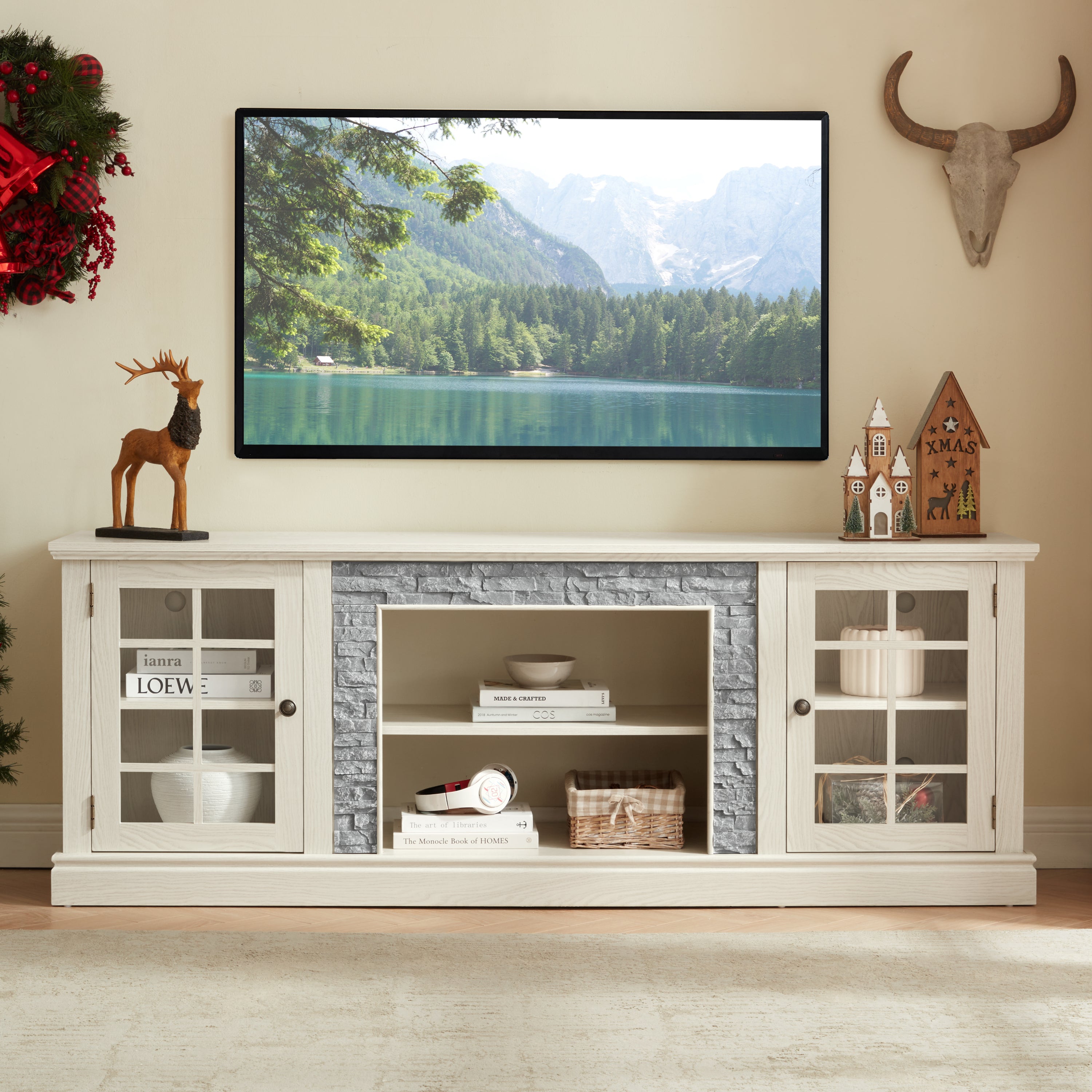 Anthony & Home Atelier White Faux Stone 70-Inch TV Stand with two doors, modern media console for living room decor