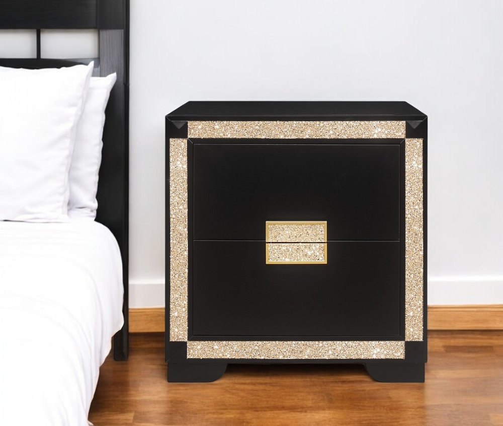 26" Black and Gold Two Drawer Faux Crystal Bling Wood Nightstand