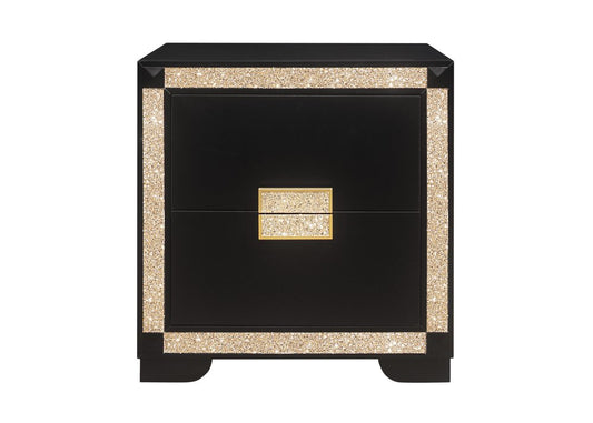 26" Black and Gold Two Drawer Faux Crystal Bling Wood Nightstand