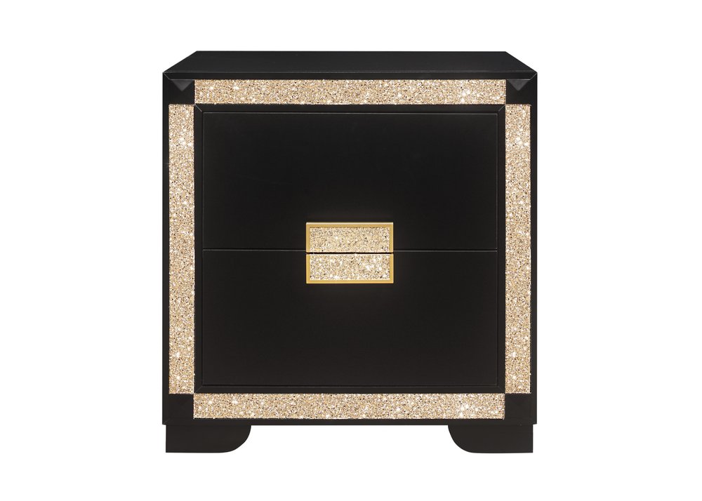 26" Black and Gold Two Drawer Faux Crystal Bling Wood Nightstand